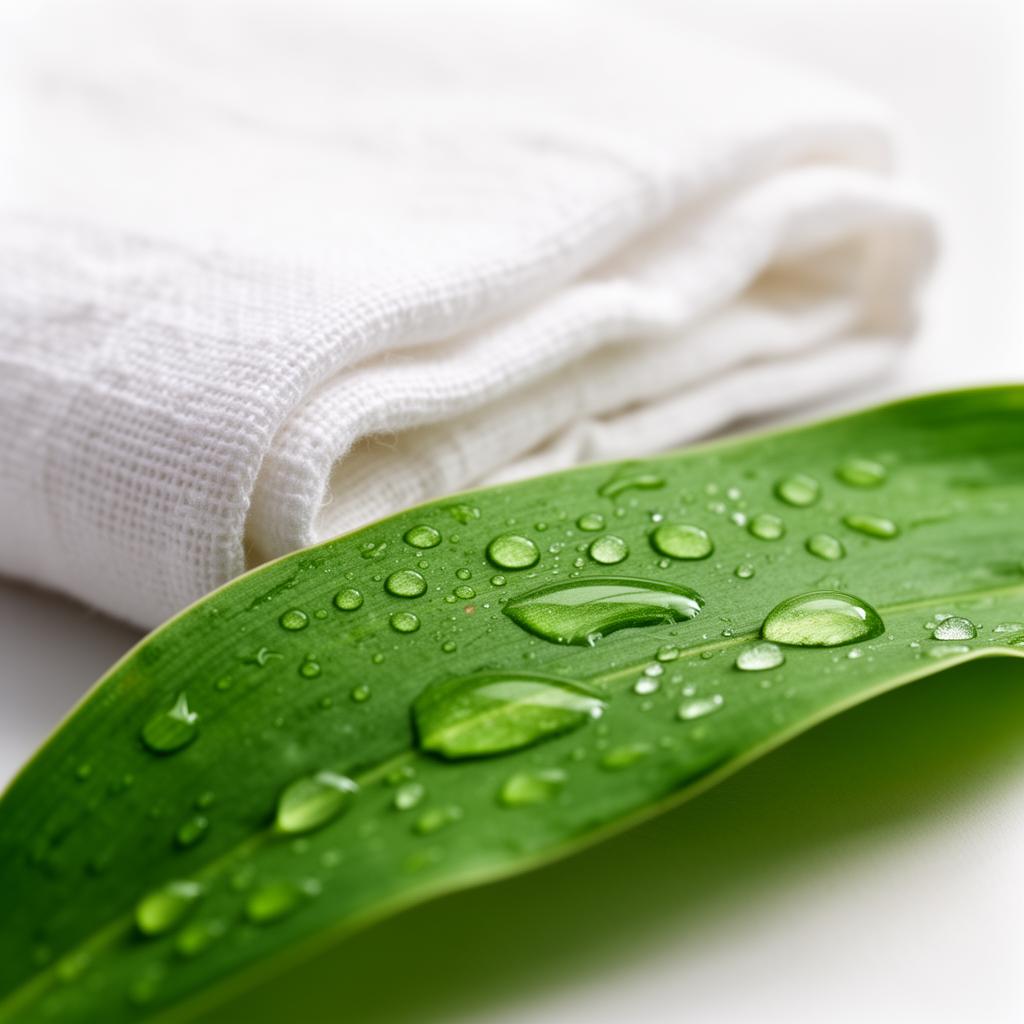 Picături de apă pe o frunză verde lângă textile albe împăturite